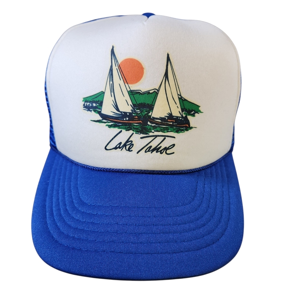 Vintage Lake Tahoe Foam Snapback Trucker Hat Cap Snapback Blue White 80s 90s
